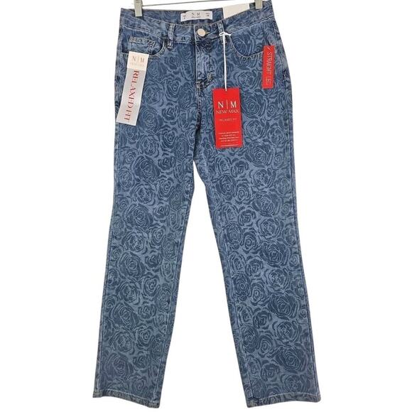 New Max~Woman Size 6~Blue Denim Floral Print High Rise Straight Leg Jean Stretch - Picture 5 of 16